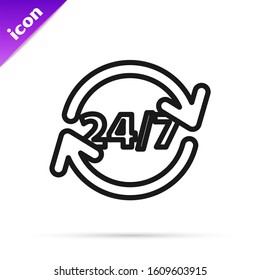 Black line Clock 24 hours icon isolated on white background. All day cyclic icon. 24 hours service symbol.  Vector Illustration