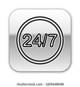 Black line Clock 24 hours icon isolated on white background. All day cyclic icon. 24 hours service symbol. Silver square button. Vector Illustration
