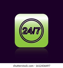 Black line Clock 24 hours icon isolated on black background. All day cyclic icon. 24 hours service symbol. Green square button. Vector Illustration