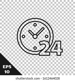 Black line Clock 24 hours icon isolated on transparent background. All day cyclic icon. 24 hours service symbol.  Vector Illustration