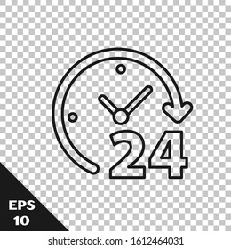 Black line Clock 24 hours icon isolated on transparent background. All day cyclic icon. 24 hours service symbol.  Vector Illustration