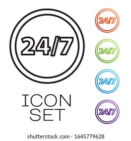 Black line Clock 24 hours icon isolated on white background. All day cyclic icon. 24 hours service symbol. Set icons colorful. Vector Illustration