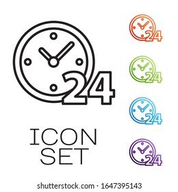 Schwarze Linie Uhren 24 Stunden Symbol einzeln auf weißem Hintergrund. Den ganzen Tag zyklisches Symbol. Service-Symbol für 24 Stunden. Symbole bunt festlegen. Vektorillustration-Illustration