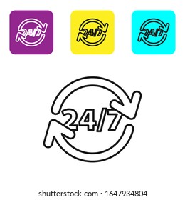 Black line Clock 24 hours icon isolated on white background. All day cyclic icon. 24 hours service symbol. Set icons colorful square buttons. Vector Illustration