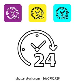 Black line Clock 24 hours icon isolated on white background. All day cyclic icon. 24 hours service symbol. Set icons colorful square buttons. Vector Illustration