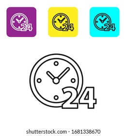 Black line Clock 24 hours icon isolated on white background. All day cyclic icon. 24 hours service symbol. Set icons colorful square buttons. Vector Illustration