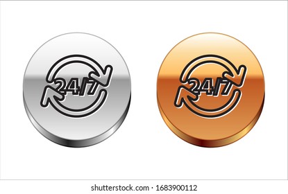 Black line Clock 24 hours icon isolated on white background. All day cyclic icon. 24 hours service symbol. Silver-gold circle button. Vector Illustration