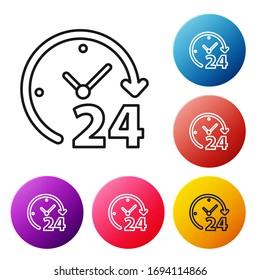 Black line Clock 24 hours icon isolated on white background. All day cyclic icon. 24 hours service symbol. Set icons colorful circle buttons. Vector Illustration