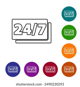 Black line Clock 24 hours icon isolated on white background. All day cyclic icon. 24 hours service symbol. Set icons in color circle buttons. Vector