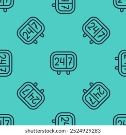 Black line Clock 24 hours icon isolated seamless pattern on green background. All day cyclic icon. 24 hours service symbol.  Vector