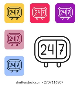 Línea negra Reloj 24 horas icono aislado sobre fondo blanco. Todo el día icono cíclico. Símbolo de servicio 24 horas. Establezca los íconos en Botones cuadrados de color. Vector