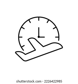 Black line Clock with airplane icon isolated on white background. Designation of time before departure, check-in for flight and arrival time symbol. Vector