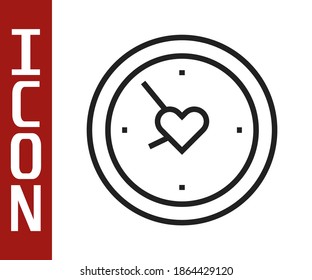 Black line Clock with heart icon isolated on white background. Valentines day. Love symbol.  Vector