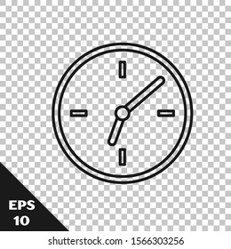 Black line Clock icon isolated on transparent background. Time symbol.  Vector Illustration