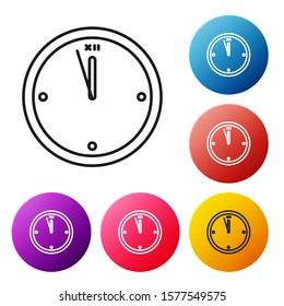 Black line Clock icon isolated on white background. Time symbol. Merry Christmas and Happy New Year. Set icons colorful circle buttons. Vector Illustration