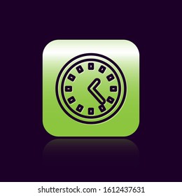 Black line Clock icon isolated on black background. Time symbol. Green square button. Vector Illustration