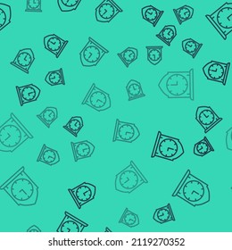Black line Clock icon isolated seamless pattern on green background. Time symbol.  Vector