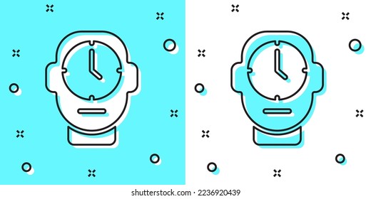 Black line Clock icon isolated on green and white background. Time symbol. Random dynamic shapes. Vector