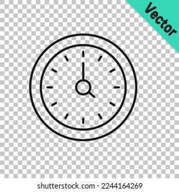 Icono de Reloj de línea negra aislado en fondo transparente. Símbolo de tiempo.  Vector