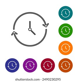 Schwarze Linie Uhr Symbol isoliert auf weißem Hintergrund. Zeitsymbol. Symbole in farbigen Kreis-Buttonen festlegen. Vektorgrafik