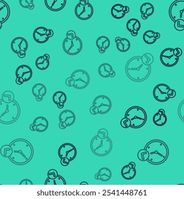 Black line Clock icon isolated seamless pattern on green background. Time symbol.  Vector