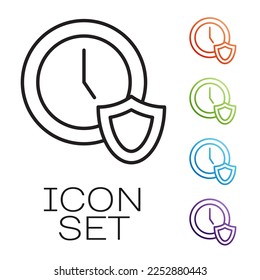 Reloj de línea negra con icono de escudo aislado en fondo blanco. Seguridad, seguridad, protección, concepto de privacidad. Indique los iconos en colores. Vector
