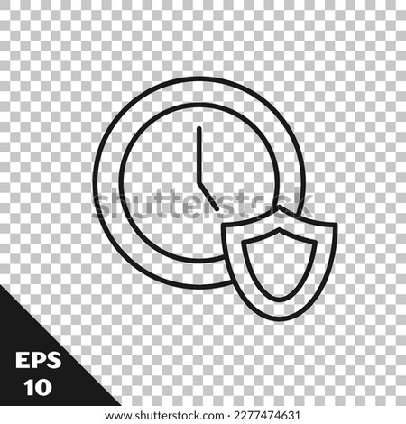 Black line Clock with shield icon isolated on transparent background. Security, safety, protection, privacy concept.  Vector