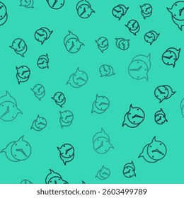 Black line Clock with speech bubble icon isolated seamless pattern on green background. Time sign. Office watch or timer symbol.  Vector