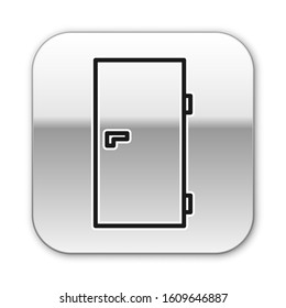 Black line Closed door icon isolated on white background. Silver square button. Vector Illustration