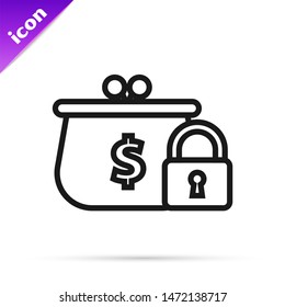 Black line Closed wallet with lock icon isolated on white background. Locked wallet. Security, safety, protection concept. Concept of a safe payment.  Vector Illustration