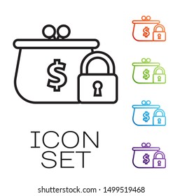 Black line Closed wallet with lock icon isolated on white background. Locked wallet. Security, safety, protection concept. Concept of a safe payment. Set icons colorful. Vector Illustration