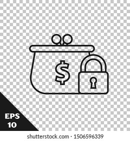 Black line Closed wallet with lock icon isolated on transparent background. Locked wallet. Security, safety, protection concept. Concept of a safe payment.  Vector Illustration