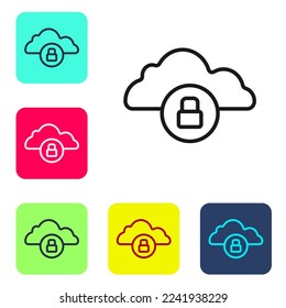 Black line Cloud computing lock icon isolated on white background. Security, safety, protection concept. Protection of personal data. Set icons in color square buttons. Vector