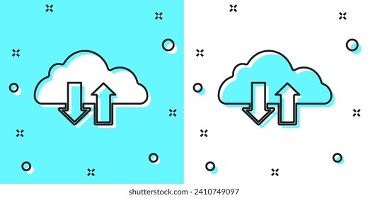 Icono de descarga y carga de Black Line Cloud aislado en fondo verde y blanco. Formas dinámicas aleatorias. Vector