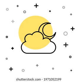 Black line Cloud with moon icon isolated on white background. Cloudy night sign. Sleep dreams symbol. Night or bed time sign. Random dynamic shapes. Vector