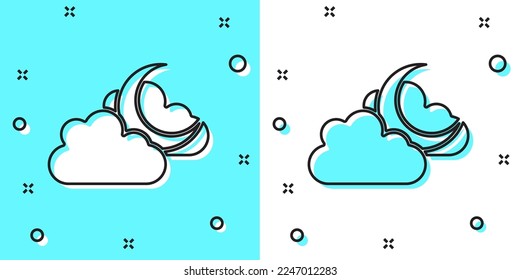 Black line Cloud with moon icon isolated on green and white background. Cloudy night sign. Sleep dreams symbol. Night or bed time sign. Random dynamic shapes. Vector