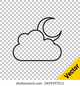 Black line Cloud with moon icon isolated on transparent background. Cloudy night sign. Sleep dreams symbol. Night or bed time sign.  Vector