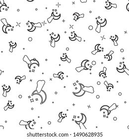 Black line Cloud with moon and stars icon isolated seamless pattern on white background. Cloudy night sign. Sleep dreams symbol. Night or bed time sign.  Vector Illustration
