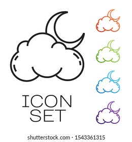 Black line Cloud with moon and stars icon isolated on white background. Cloudy night sign. Sleep dreams symbol. Night or bed time sign. Set icons colorful. Vector Illustration