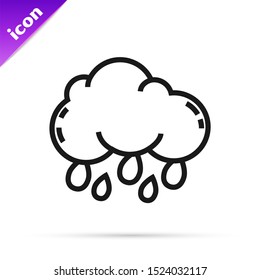 Black line Cloud with rain icon isolated on white background. Rain cloud precipitation with rain drops.  Vector Illustration