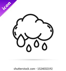 Black line Cloud with rain icon isolated on white background. Rain cloud precipitation with rain drops.  Vector Illustration