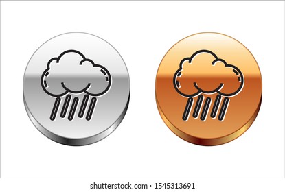 Black line Cloud with rain icon isolated on white background. Rain cloud precipitation with rain drops. Silver-gold circle button. Vector Illustration