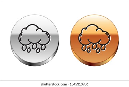 Black line Cloud with rain icon isolated on white background. Rain cloud precipitation with rain drops. Silver-gold circle button. Vector Illustration