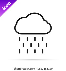Black line Cloud with rain icon isolated on white background. Rain cloud precipitation with rain drops.  Vector Illustration