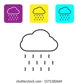 Black line Cloud with rain icon isolated on white background. Rain cloud precipitation with rain drops. Set icons colorful square buttons. Vector Illustration