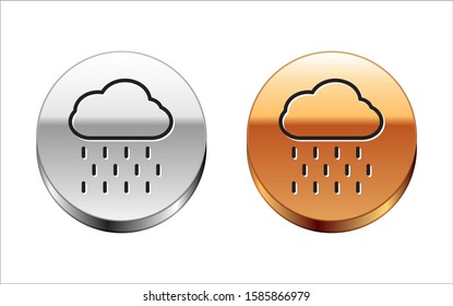 Black line Cloud with rain icon isolated on white background. Rain cloud precipitation with rain drops. Silver-gold circle button. Vector Illustration