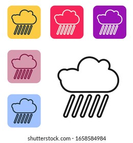 Black line Cloud with rain icon isolated on white background. Rain cloud precipitation with rain drops. Set icons in color square buttons. Vector Illustration