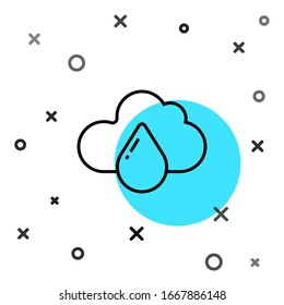 Nube de línea negra con icono de lluvia aislado en fondo blanco. Precipitación de nubes de lluvia con gotas de lluvia. Formas dinámicas aleatorias. Ilustración vectorial