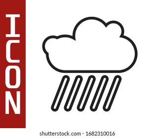 Black line Cloud with rain icon isolated on white background. Rain cloud precipitation with rain drops.  Vector Illustration
