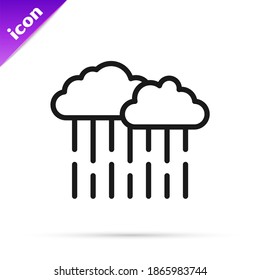 Black line Cloud with rain icon isolated on white background. Rain cloud precipitation with rain drops.  Vector